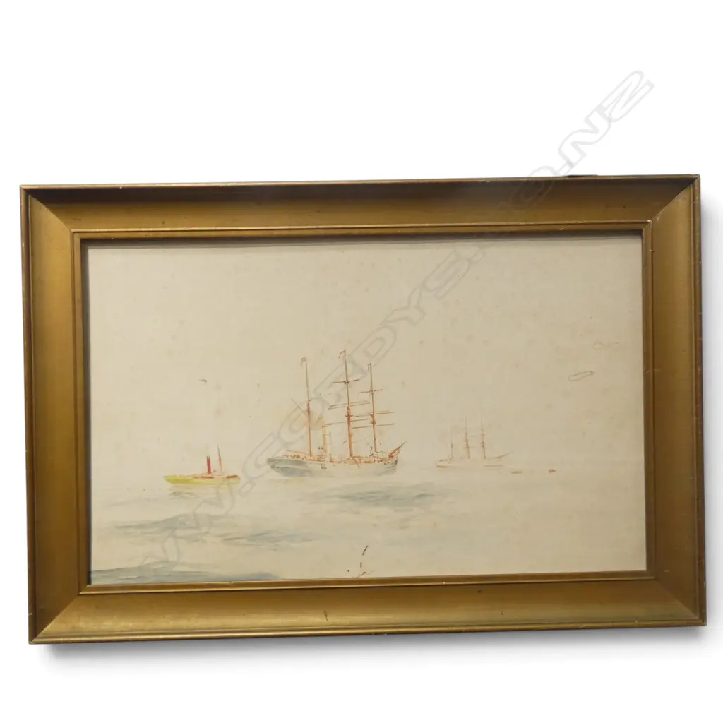 Herbert Cole, Untitled, depicting the Terra Nova departing Port Chalmers, escorted by the tug 'Lyttelton' out of Lyttelton Harbour, watercolour on paper, foxing and insect damage to work, unglazed. 305 x 495mm. Image 1++