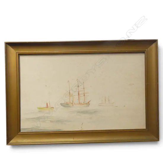 Herbert Cole, Untitled, depicting the Terra Nova departing Port Chalmers, escorted by the tug 'Lyttelton' out of Lyttelton Harbour, watercolour on paper, foxing and insect damage to work, unglazed. 305 x 495mm.