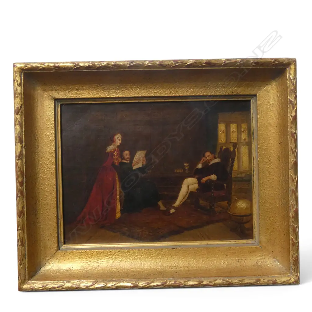 ARTIST UNKNOWN, ELIZABETHAN SCENE, OIL ON CANVASBOARD, UNSIGNED in gilt frame 240x320mm Image 1++