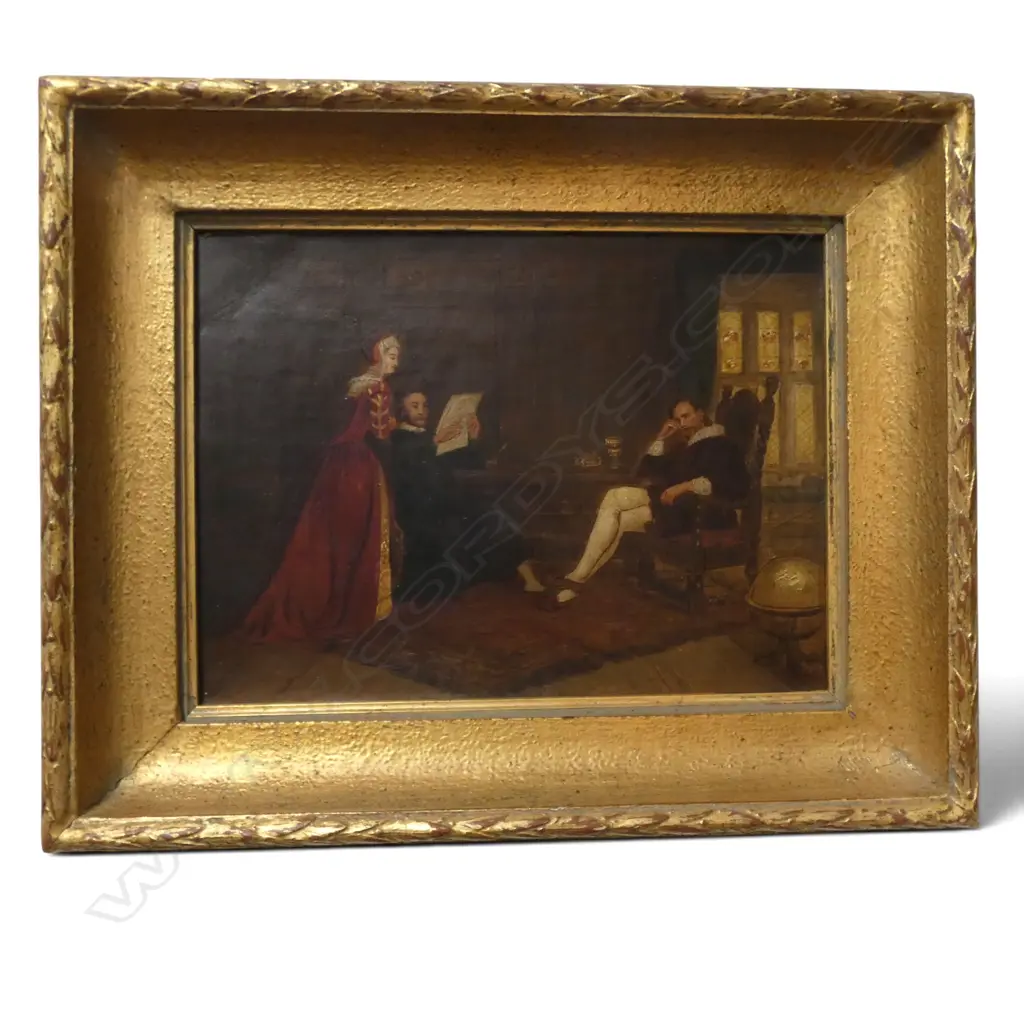 ARTIST UNKNOWN, ELIZABETHAN SCENE, OIL ON CANVASBOARD, UNSIGNED in gilt frame 240x320mm Image 1++