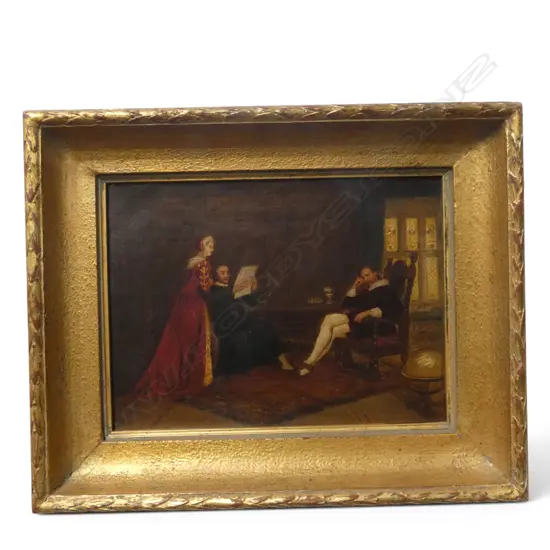 ARTIST UNKNOWN, ELIZABETHAN SCENE, OIL ON CANVASBOARD, UNSIGNED in gilt frame 240x320mm