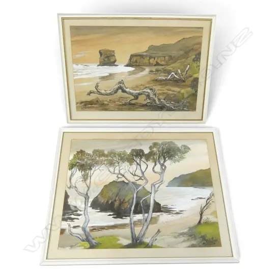 JOY PORTERFIELD, 'MAORI BAY & O'NEILLS BEACH', INK AND WASH (2), 470 X 600MM & 360 X 550MM 