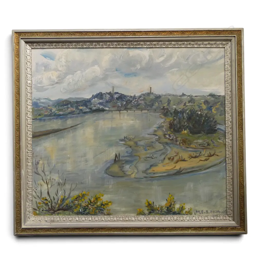 M.E.S McPHAILL, RIVER VIEW - WANGANUI 1990, OIL ON BOARD, SIGNED, 650 X 750MM Image 1++