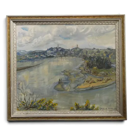 M.E.S McPHAILL, RIVER VIEW - WANGANUI 1990, OIL ON BOARD, SIGNED, 650 X 750MM