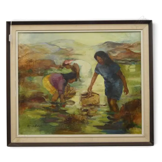 SYLVIA ROBINS, 'MAORIS GATHERING SEA EGGS' OIL ON CANVAS BOARD, SIGNED, 510 X 610MM