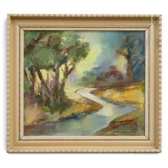 SYLVIA ROBINS 'RUNCIMAN STREAM, PAPAKURA, OIL ON CANVAS BOARD, SIGNED, 350 X 390mm