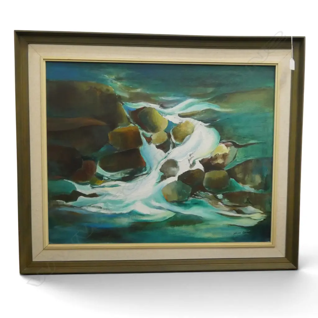 SYLVIA ROBBINS, 'WATER OVER ROCKS - HUNUA FALLS', OIL ON BOARD, 600 X 750mm Image 1++