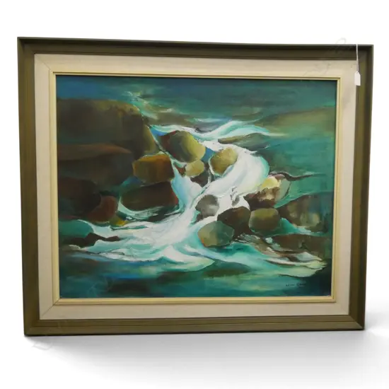 SYLVIA ROBBINS, 'WATER OVER ROCKS - HUNUA FALLS', OIL ON BOARD, 600 X 750mm
