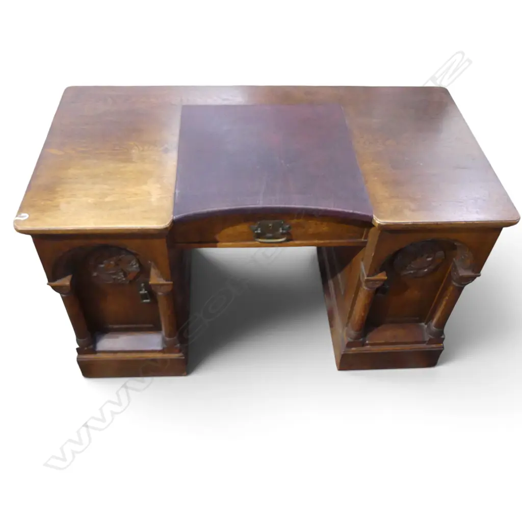 EARLY 20thC ANTIQUE OAK ARCH & PILLAR PANELED DESK w. LEATHER TOP 1320x700x775mm Image 1++