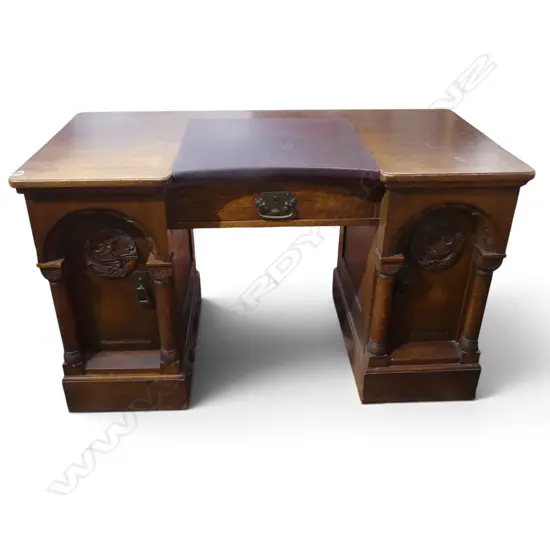 EARLY 20thC ANTIQUE OAK ARCH & PILLAR PANELED DESK w. LEATHER TOP 1320x700x775mm