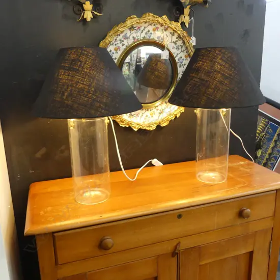 PR CYLINDRICAL GLASS TABLE LAMPS BRASS FITTINGS & NEW BULBS, H.540MM