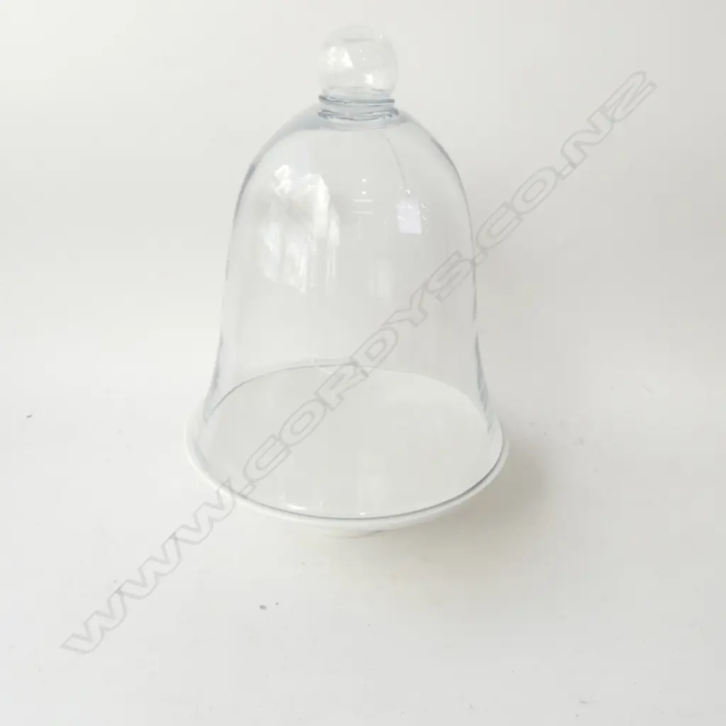 WHITE PORCELAIN CAKE STAND w. GLASS CLOCHE H.360mm Image 1++