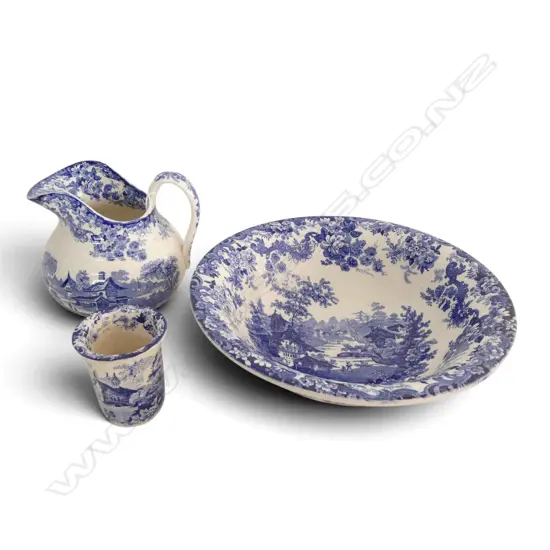 MINTON 'GENEVE' c.1900 blue & white JUG & BASIN + TOOTHBRUSH SET bowl w small star crack