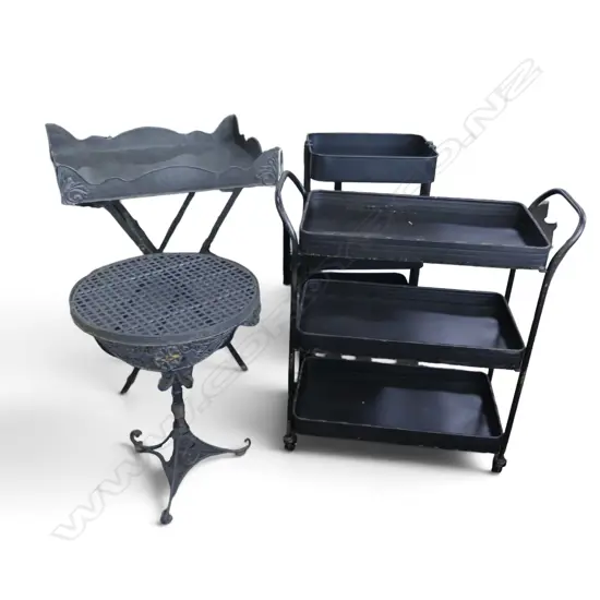 4 PCES BLACK METAL FURNTITURE; TRAY TABLE W.630mm, 2 3-TIER TROLLEYS, SIDE TABLE