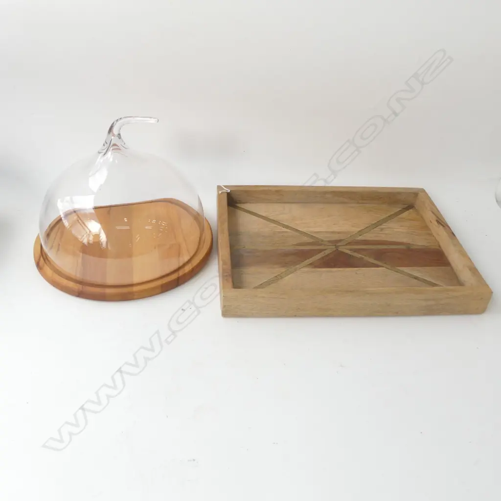 WOODEN TRAY 310x415mm + GLASS FOOD DOME Image 1++