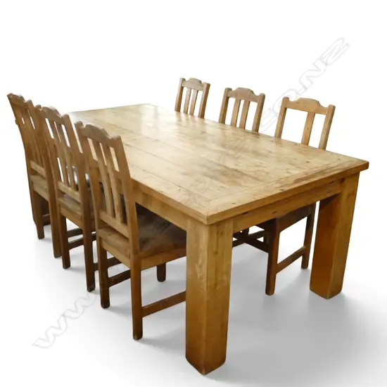 DINING TABLE & 6 CHAIRS top marked, chair back missing