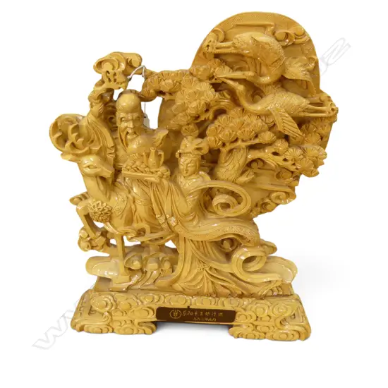 CHINESE VINTAGE CARVED DONGYANG BOXWOOD ORNAMENT w. plaque dated 1993, loss to one crane wing H.400mm