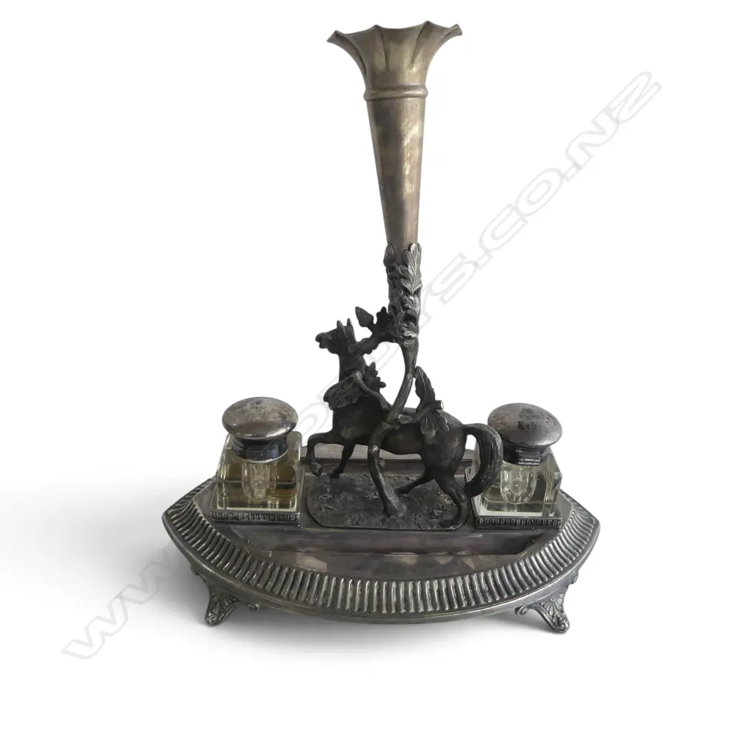 VINTAGE SILVER PLATE DESK STAND twin glass inkwells w. central horse spill vase H.120mm Image 1++