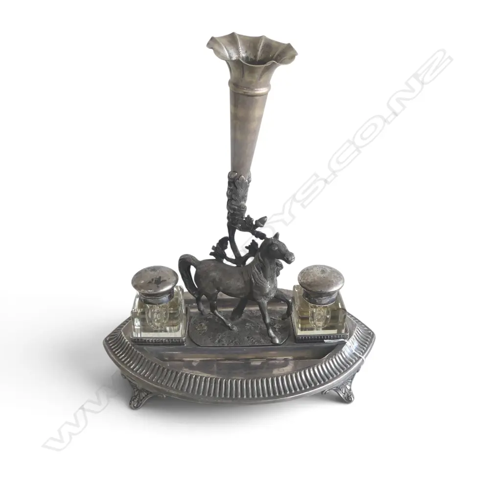 VINTAGE SILVER PLATE DESK STAND twin glass inkwells w. central horse spill vase H.120mm Image 1++