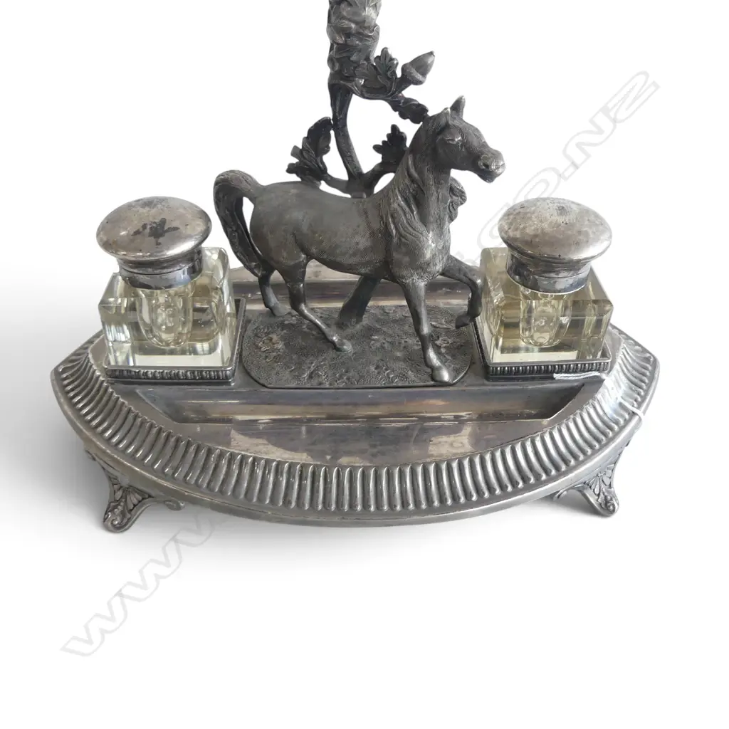 VINTAGE SILVER PLATE DESK STAND twin glass inkwells w. central horse spill vase H.120mm Image 1++