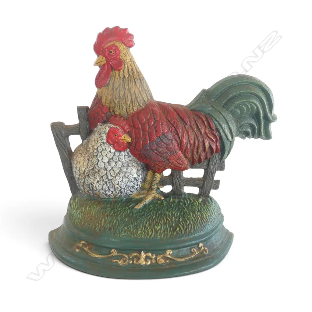 VINTAGE HAND PAINTED CAST IRON ROSTER & HEN DOORSTOP, 300 X 300MM Image 1++