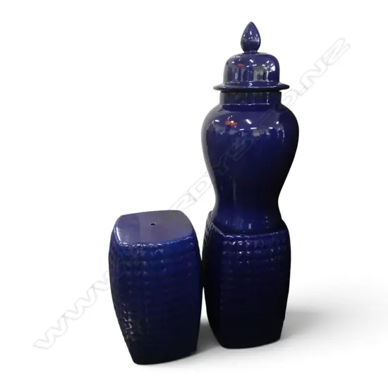 TWO BLUE CERAMIC STOOLS/PLANT STANDS + LG BLUE LIDDED JAR H650MM