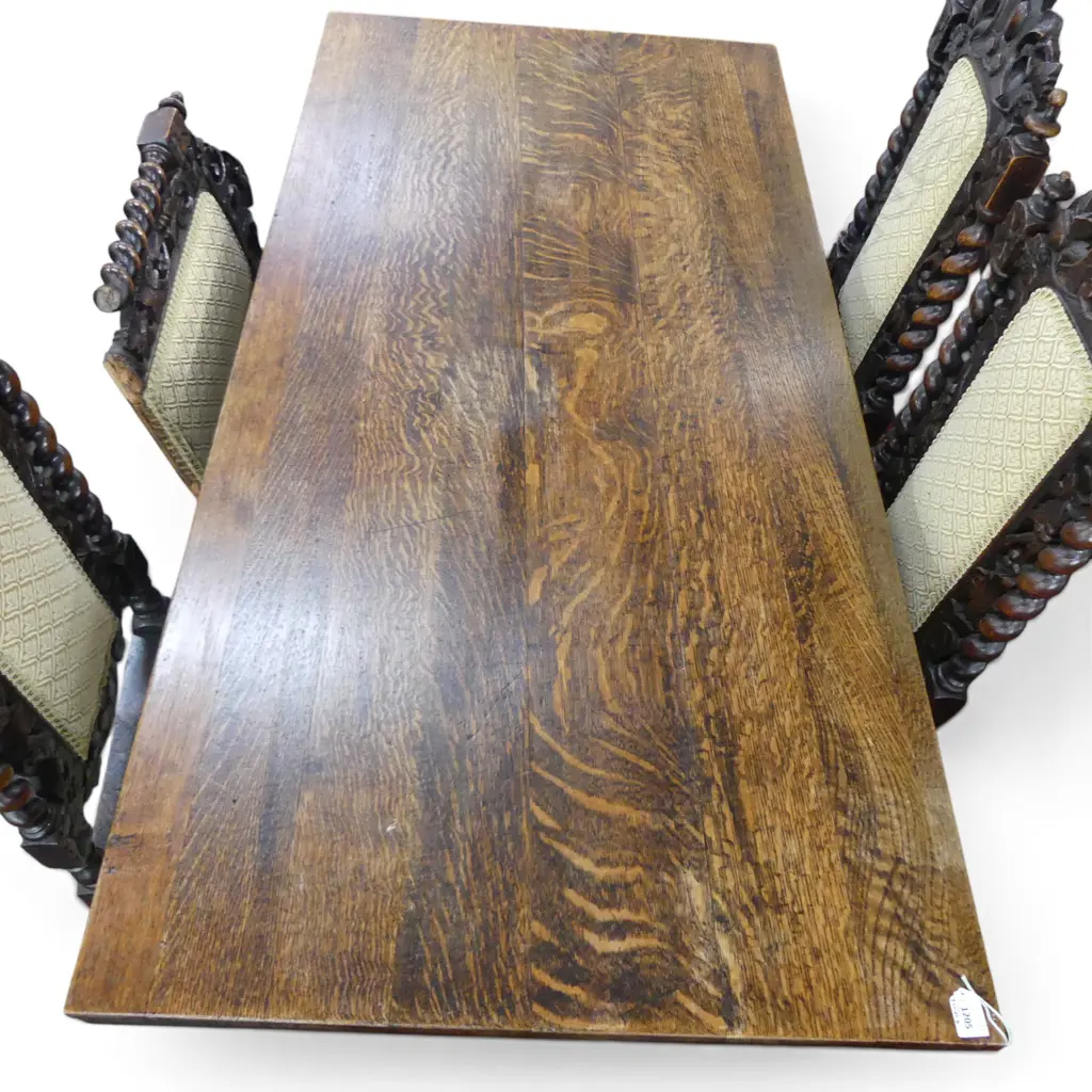 JACOBEAN STYLE OAK TABLE w. STRECHER BASE 1530x740x750mm & 4 CHAIRS (1 AF) Image 1++