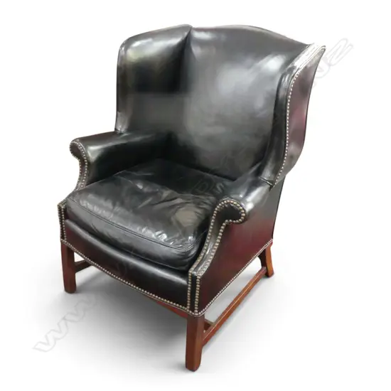 BLACK LEATHER WING BACK LIBRARY CHAIR 800x700x1050mm