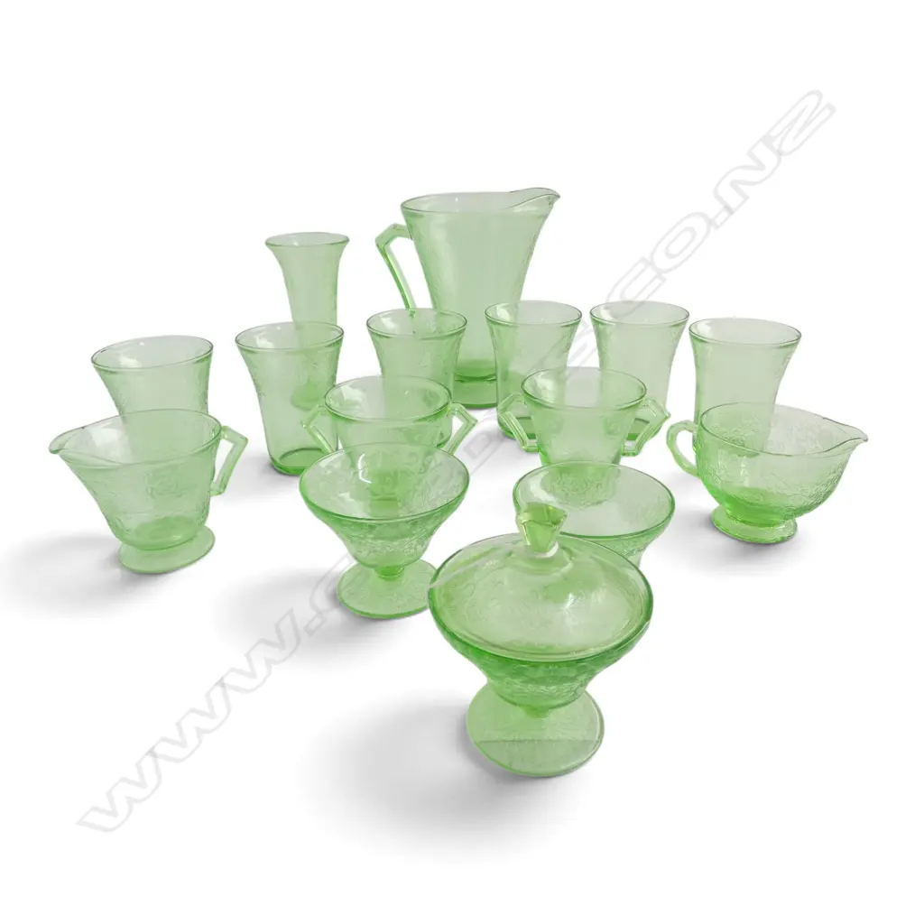 15 PCS GREEN URANIUM GLASS w EMBOSSED FLORAL PATTERN; TUMBLERS, JUG M/S & CUPS Image 1++