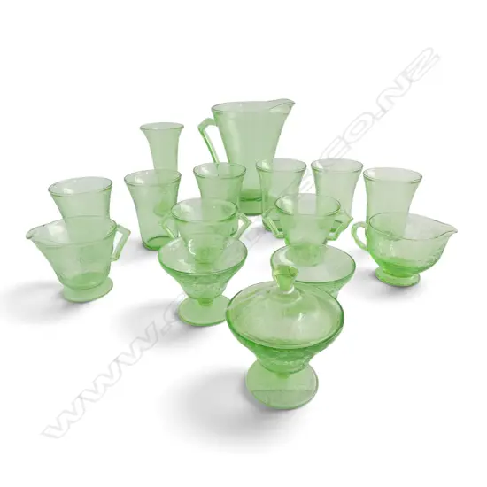 15 PCS GREEN URANIUM GLASS w EMBOSSED FLORAL PATTERN; TUMBLERS, JUG M/S & CUPS