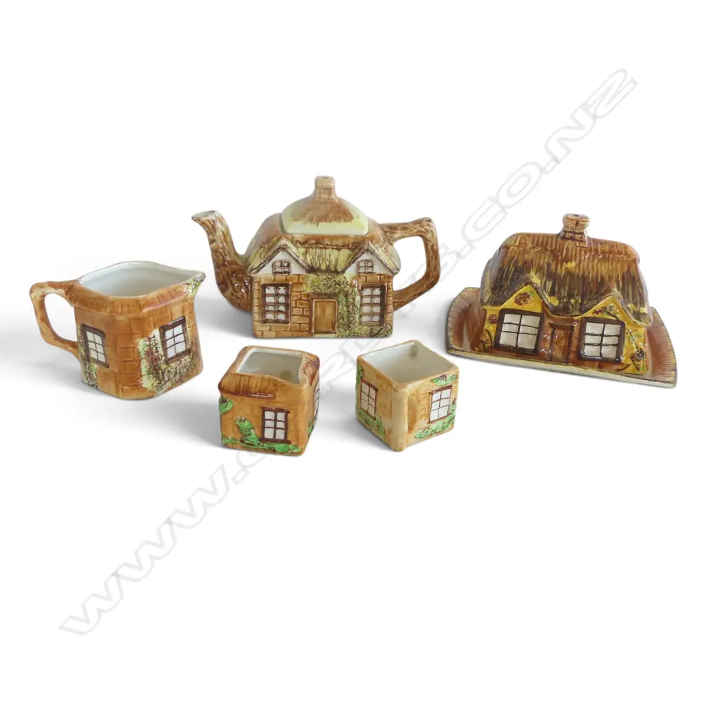 VINTAGE PRICE of ENGLAND ' COTTAGE WARE' CERAMIC TEASET: pot + lidded butter dish + 2 jugs + sugar Image 1++