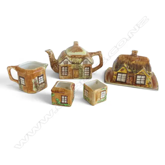 VINTAGE PRICE of ENGLAND ' COTTAGE WARE' CERAMIC TEASET: pot + lidded butter dish + 2 jugs + sugar