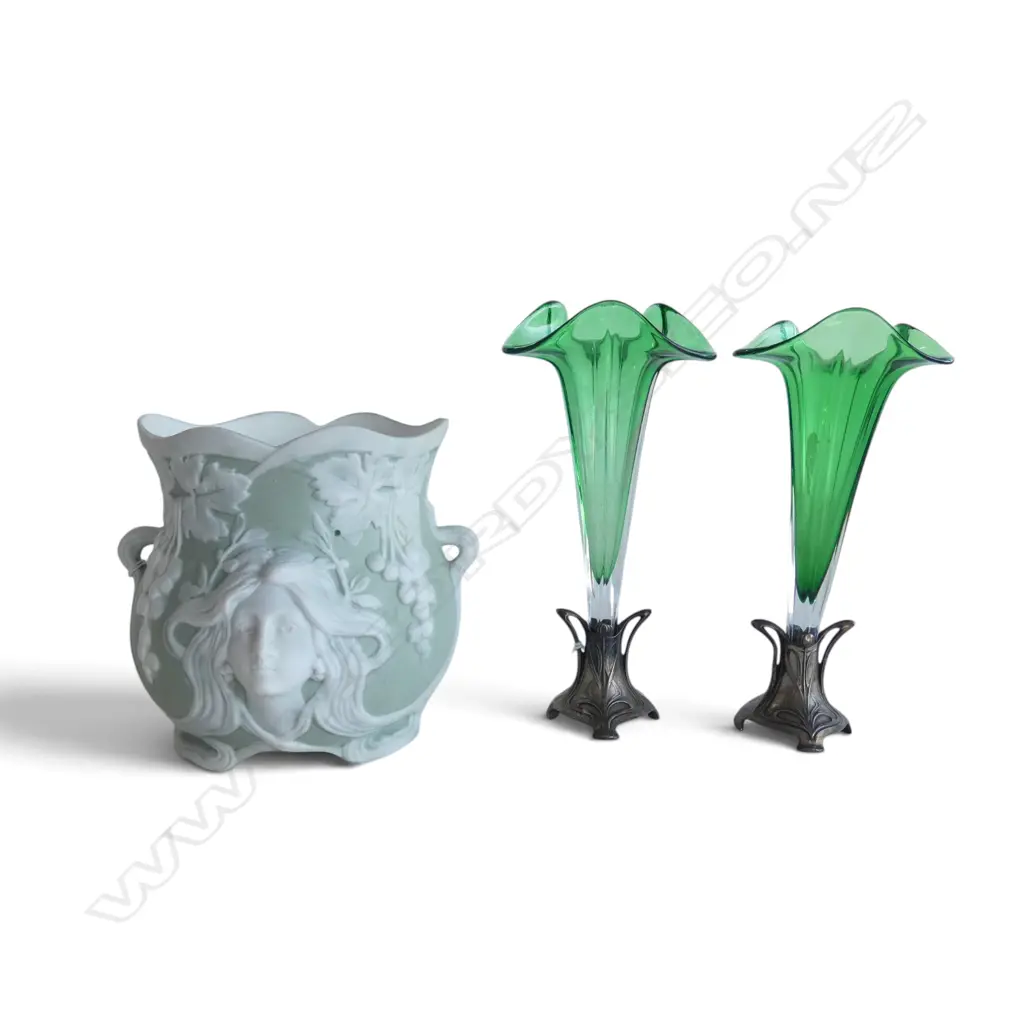 PR OF ART NOUVEAU GREEN GLASS & EP SPEICIMAN VASES H170MM & ART NOUVEAU  PARIAN WARE VASE H125MM Image 1++