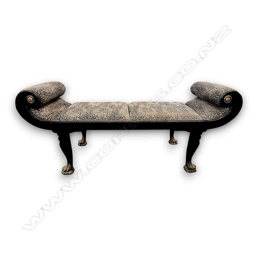 REGENCY-STYLE SCROLL-END RECAMIER BENCH FEATURING A ANIMAL PRINT UPHOLSTERY 610 H x 1400 L x 450 D mm Image 1++