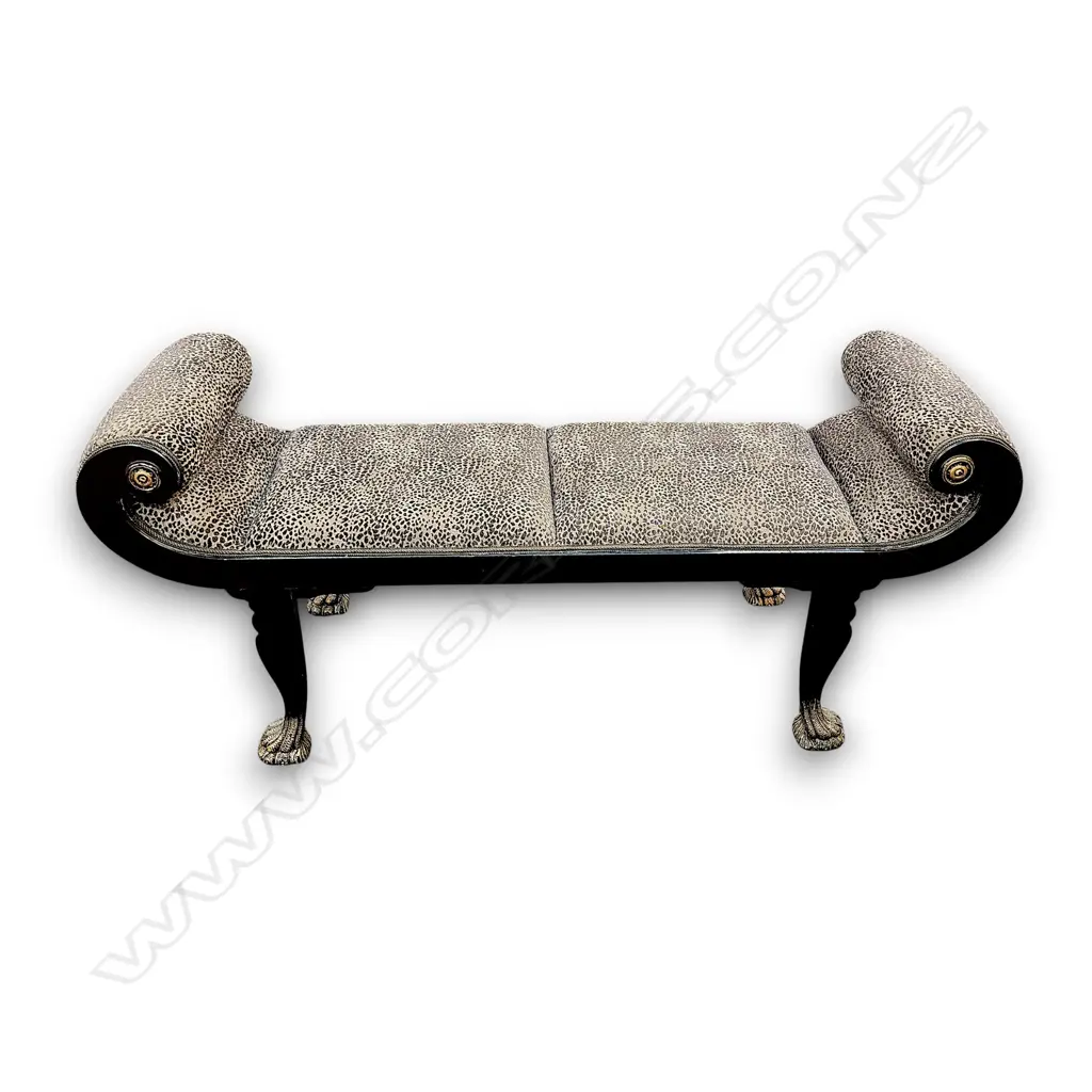 REGENCY-STYLE SCROLL-END RECAMIER BENCH FEATURING A ANIMAL PRINT UPHOLSTERY 610 H x 1400 L x 450 D mm Image 1++
