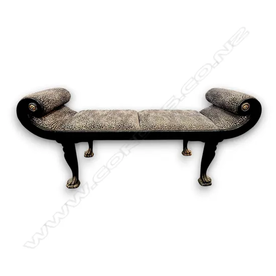 REGENCY-STYLE SCROLL-END RECAMIER BENCH FEATURING A ANIMAL PRINT UPHOLSTERY 610 H x 1400 L x 450 D mm
