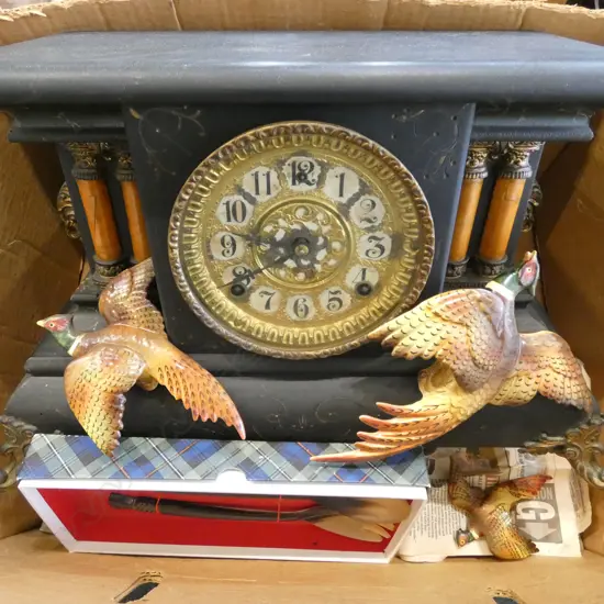 3 WALL HANGING PHEASANTS, VINTAGE MANTLE CLOCK & PR HORN SERVERS