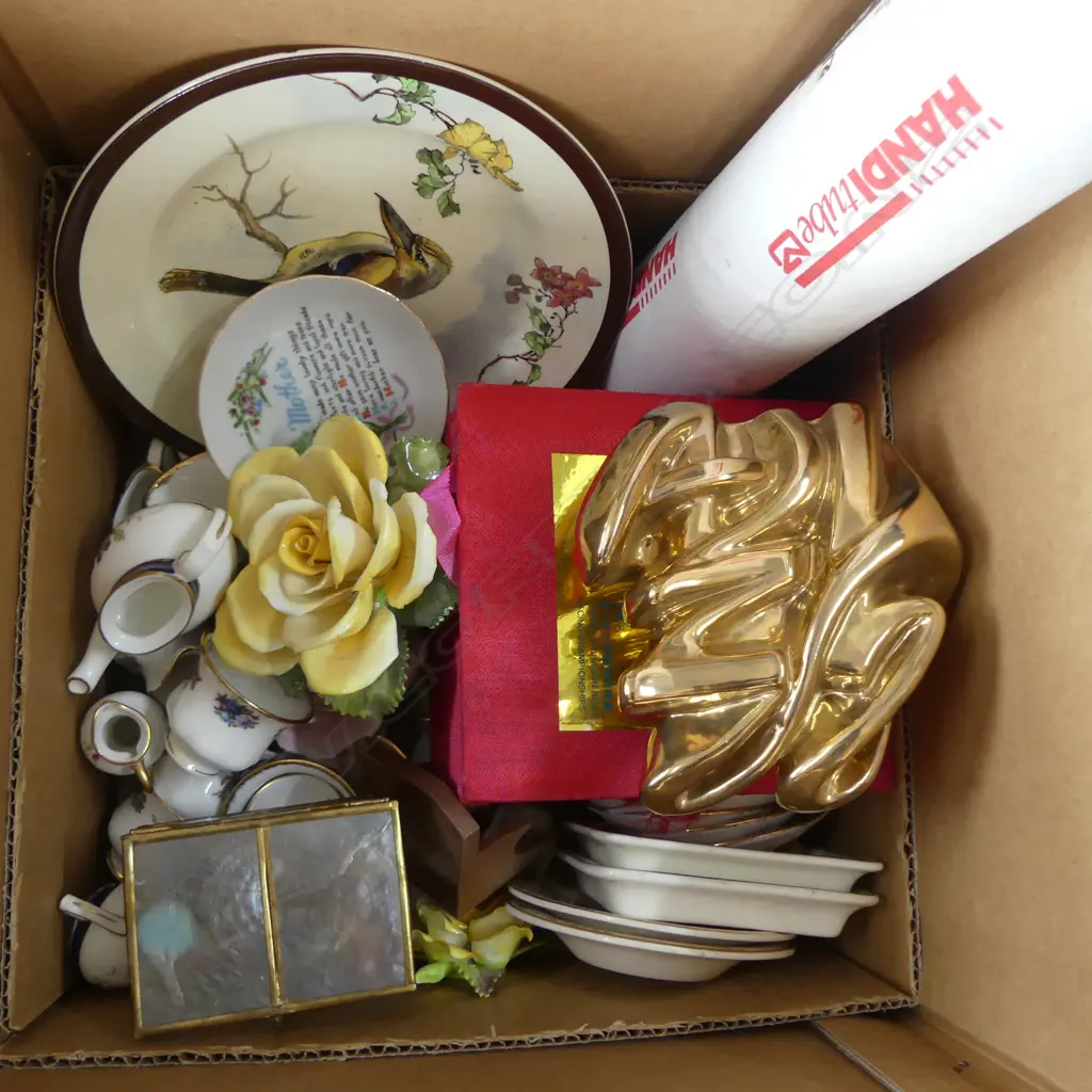 BOX OF ASST. COLLECTIBLES & CHINA Incl. ROYAL DOULTON KOOKABURRA PLATE Image 1++
