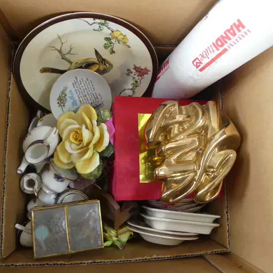 BOX OF ASST. COLLECTIBLES & CHINA Incl. ROYAL DOULTON KOOKABURRA PLATE