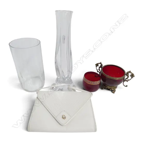 4 GLASS VASES, TALLEST BAYEL FRANCE H.315mm + DIOR BAG