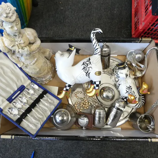 TURKISH COFFEE / TEA SET, POCKET WATCH, 2 CERAMIC CATS ETC