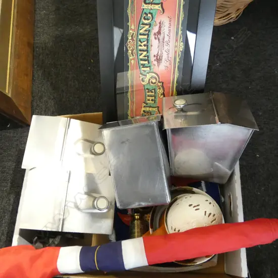 4 METAL CONTAINERS, STINKING ROSE PRINT, NORWEGIAN FLAG ETC