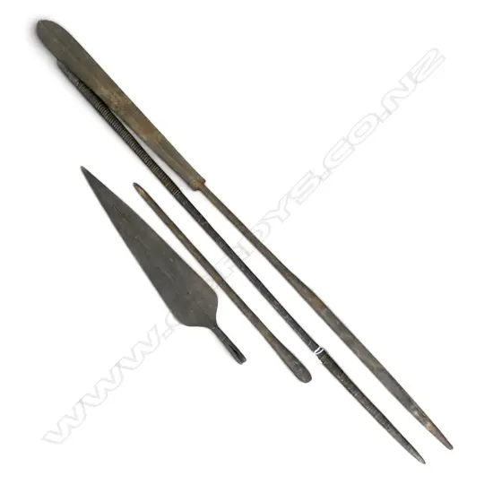 2 OLD AFRICAN SPEARS blade ends need attention, 2 loose L.1140mm