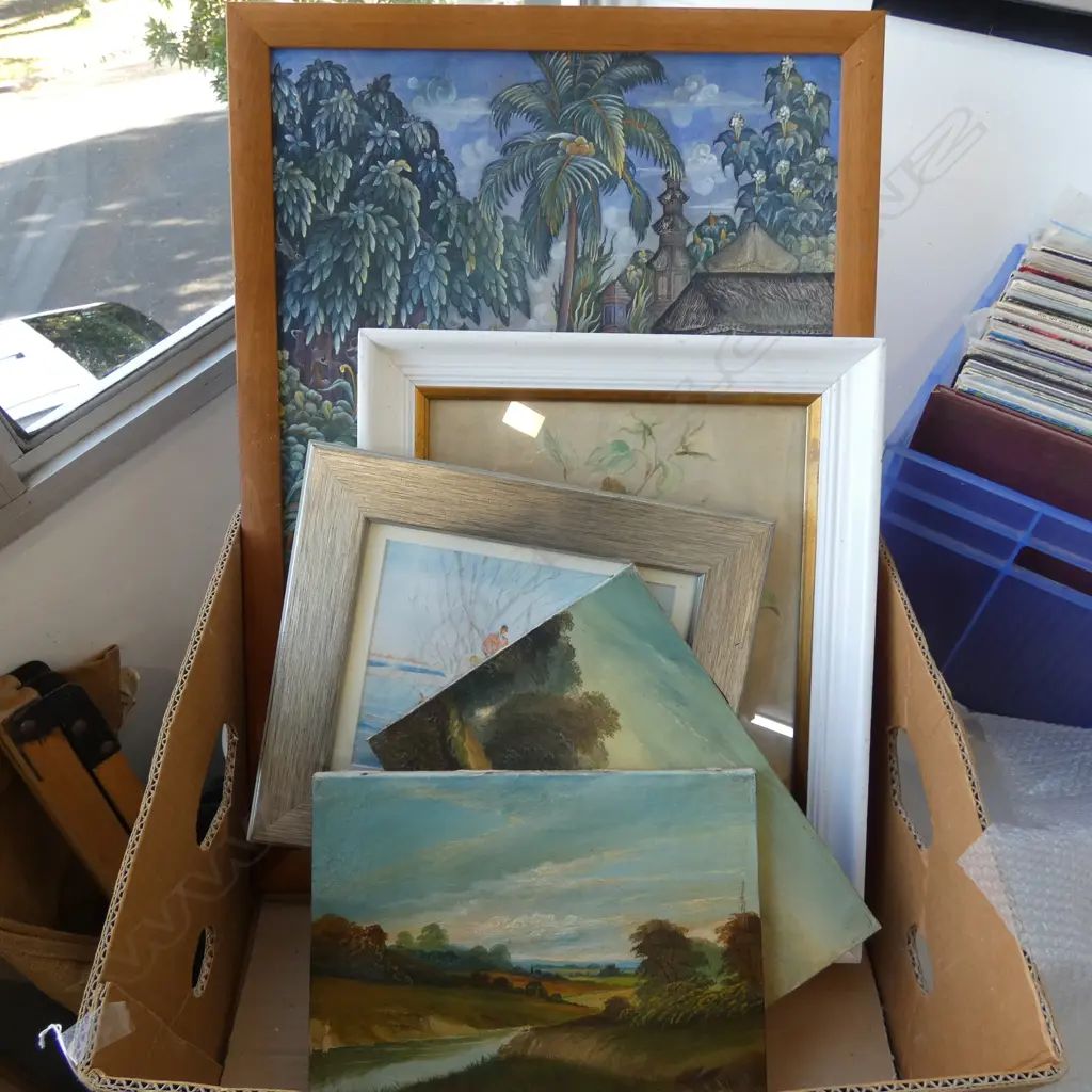 GROUP OF PAINTINGS INCL. 2 X SML LANDSCAPE CANVAS, INDONESIAN PAINTING, LYNN GURNEY 'HORSE & HOUNDS', ETC Image 1++