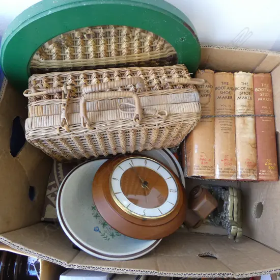 ROUND MIRROR, BOOKS, CANE CASE w. SEWING TOOLS ETC