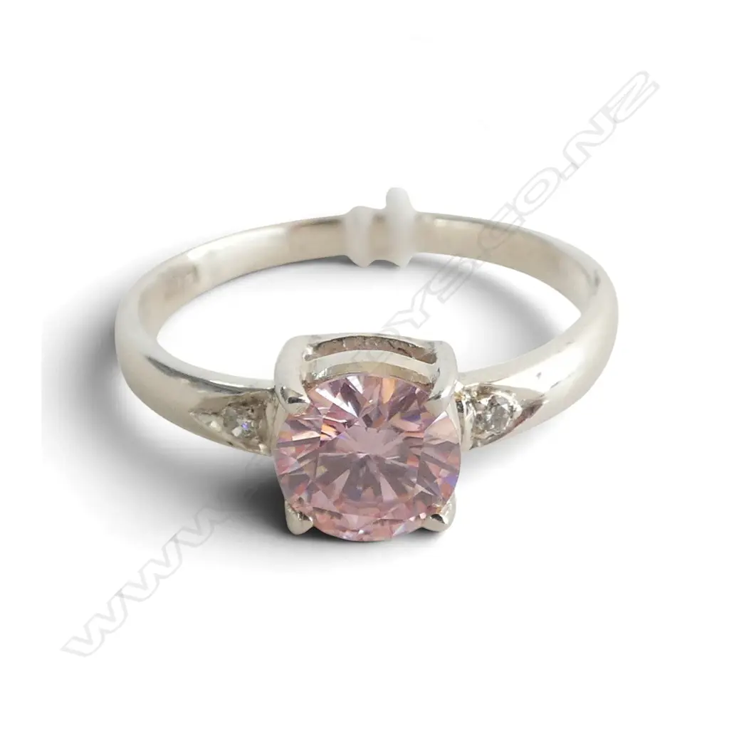 SILVER DIAMOND & PINK MOISSONITE RING, SIZE Q Image 1++