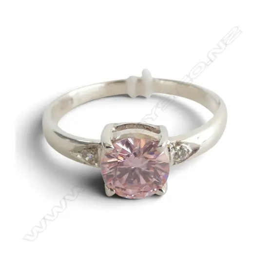 SILVER DIAMOND & PINK MOISSONITE RING, SIZE Q