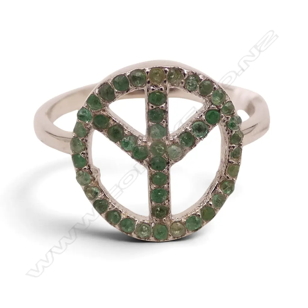 SILVER PEACE RING SET w EMERALDS, SIZE N1/2 Image 1++