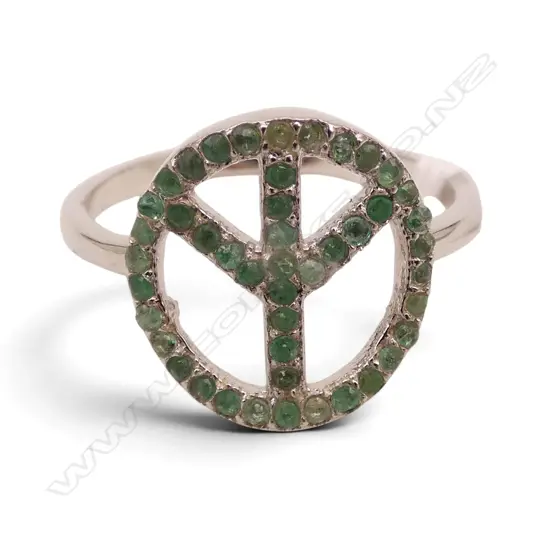 SILVER PEACE RING SET w EMERALDS, SIZE N1/2