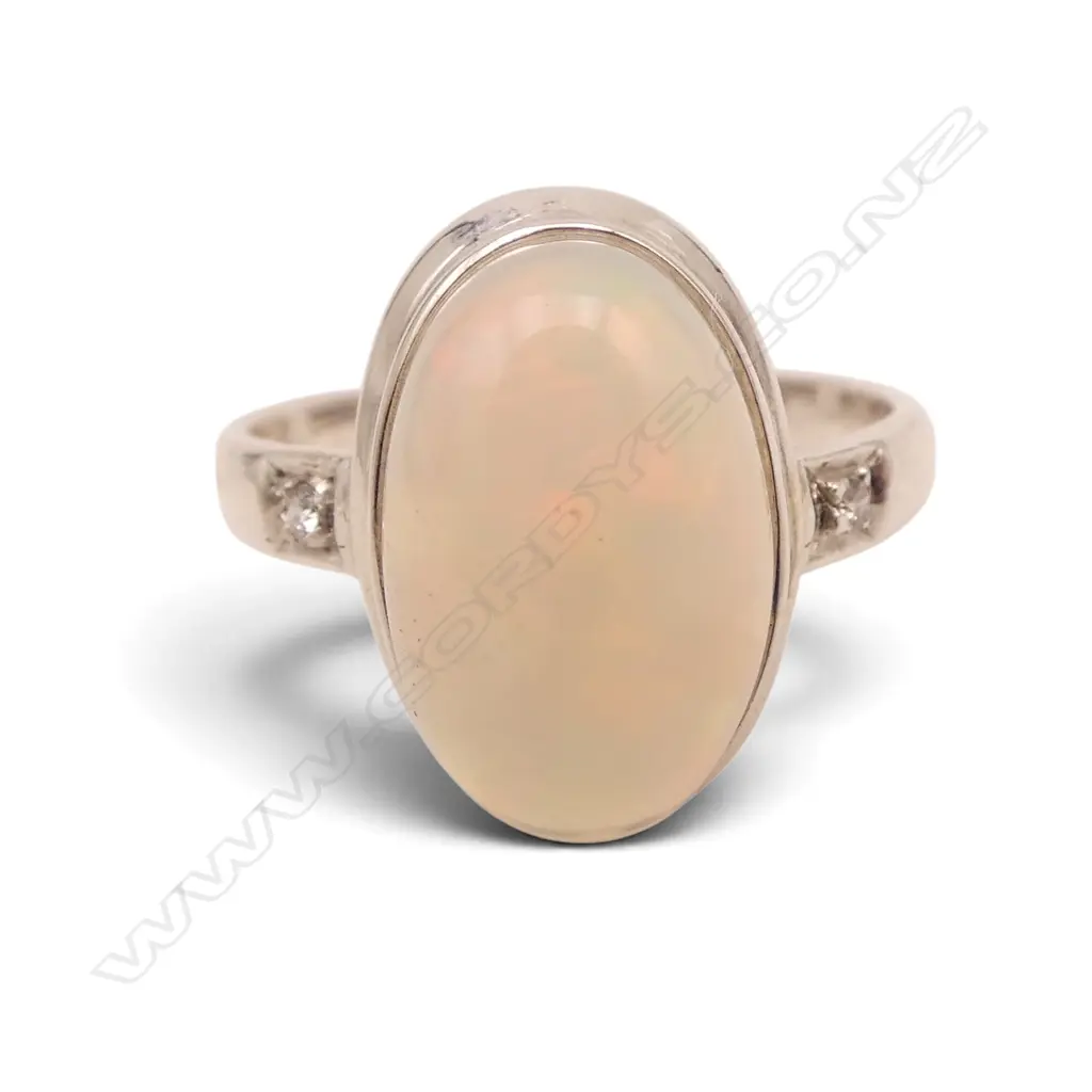 SILVER DIAMOND & OPAL RING, SIZE P1/2 Image 1++